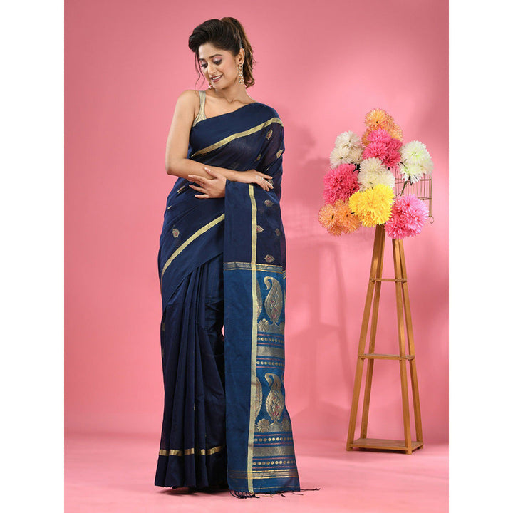 CHARUKRITI Navy Blue Cotton Blend Handwoven Texture Motifs Saree with Unstitched Blouse