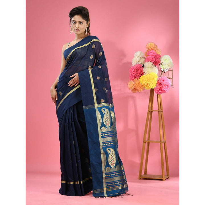 CHARUKRITI Navy Blue Cotton Blend Handwoven Texture Motifs Saree with Unstitched Blouse