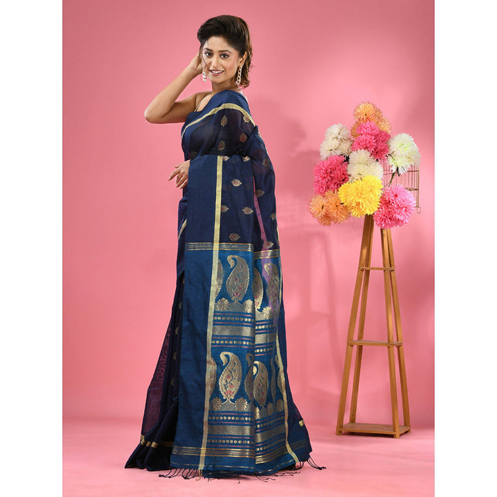 CHARUKRITI Navy Blue Cotton Blend Handwoven Texture Motifs Saree with Unstitched Blouse