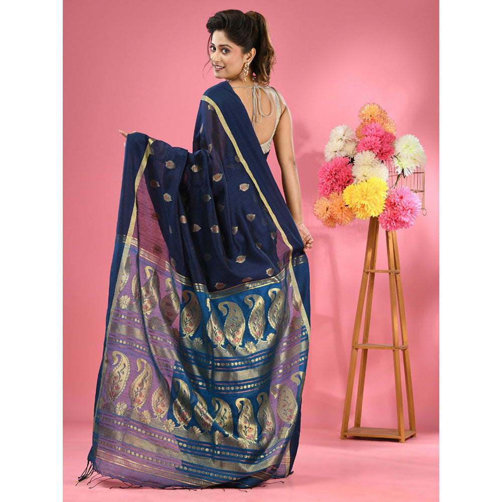 CHARUKRITI Navy Blue Cotton Blend Handwoven Texture Motifs Saree with Unstitched Blouse