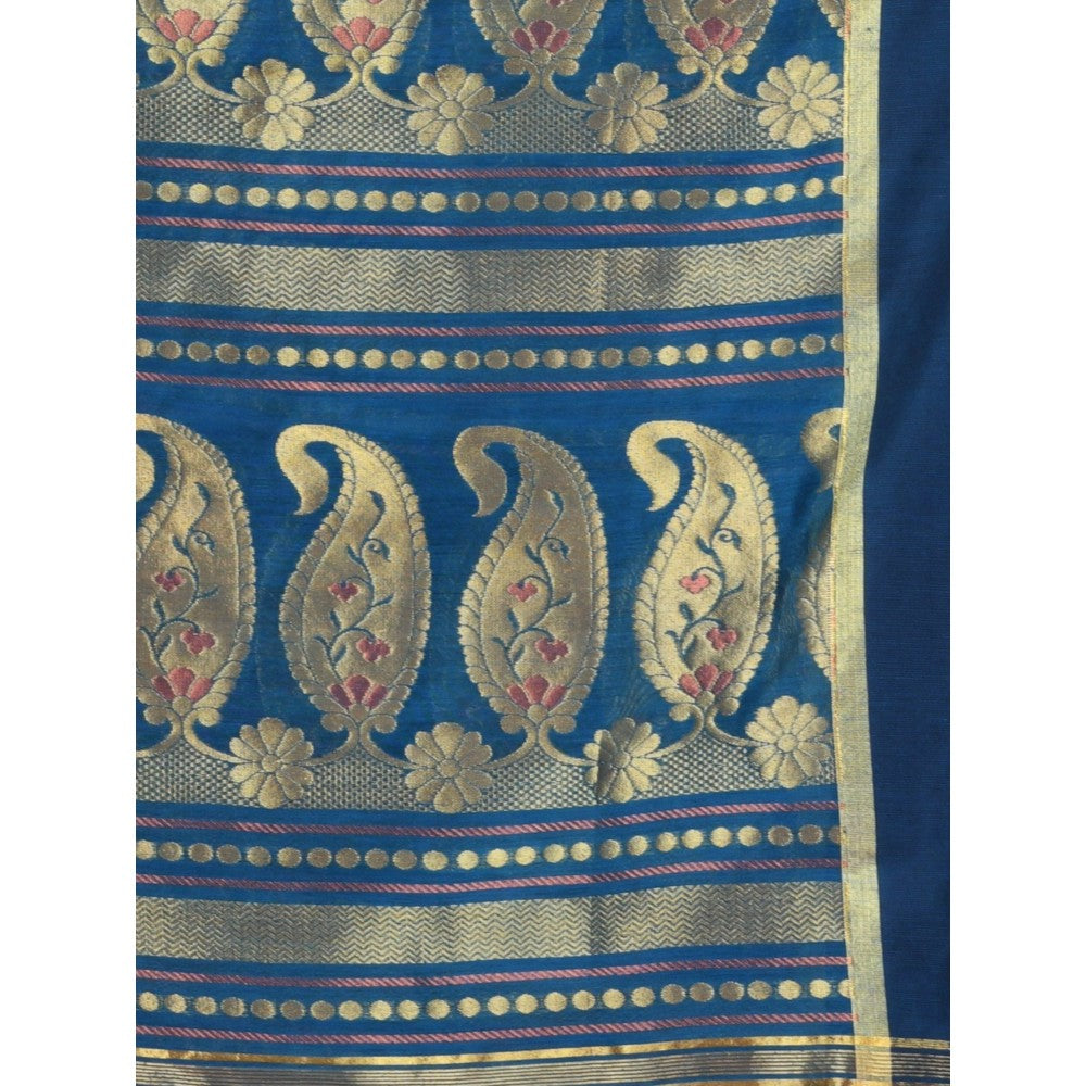 CHARUKRITI Navy Blue Cotton Blend Handwoven Texture Motifs Saree with Unstitched Blouse