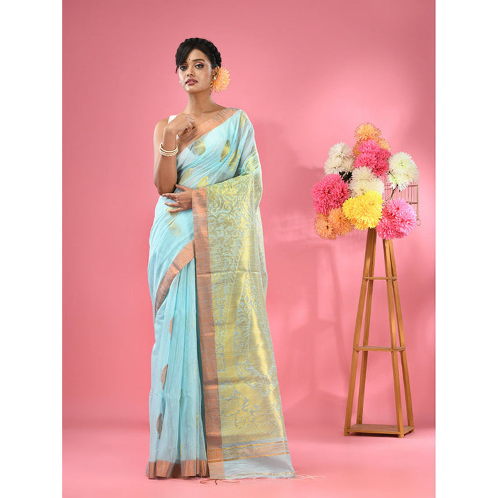 CHARUKRITI Sky Blue Cotton Blend Handwoven Paisley Motifs with Unstitched Blouse