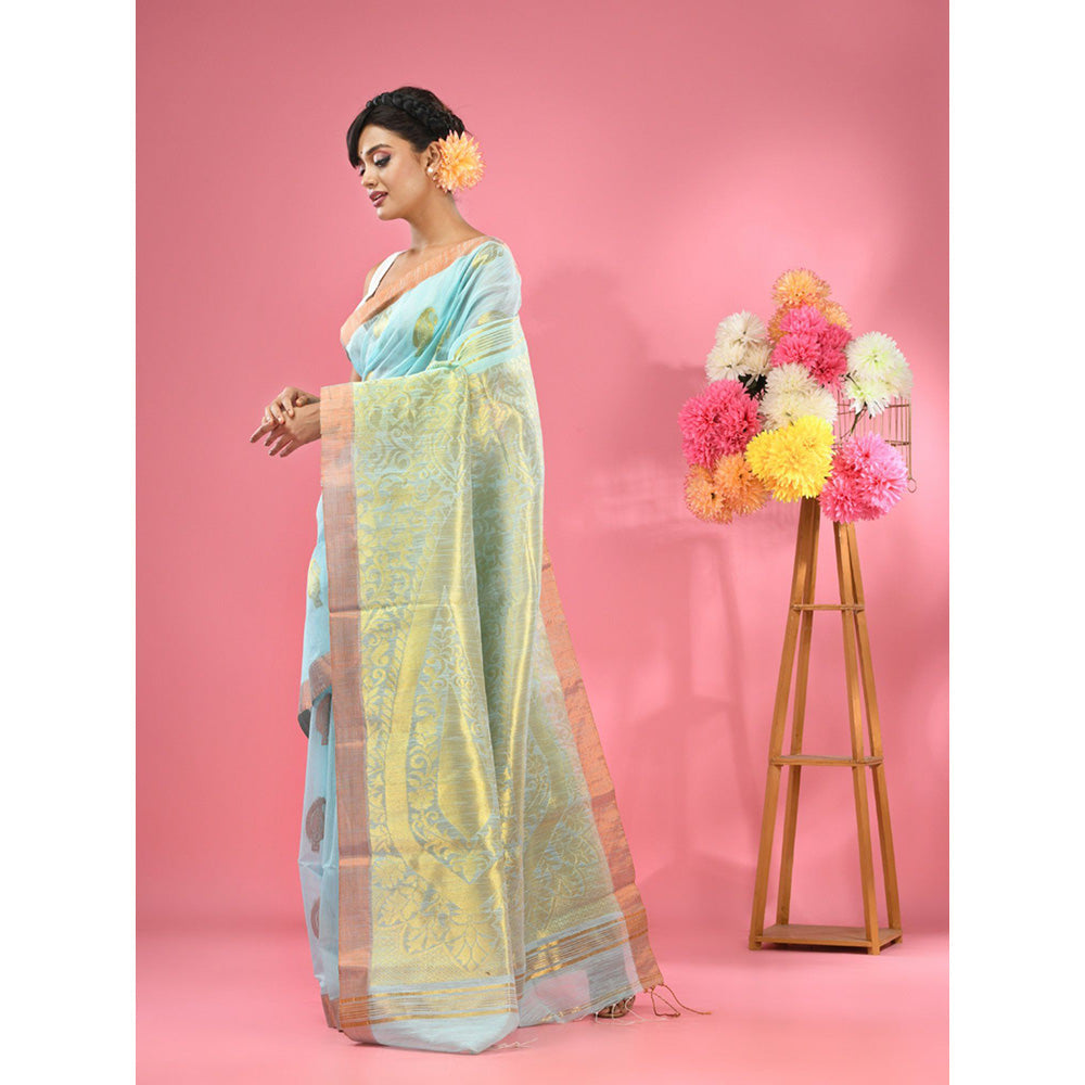 CHARUKRITI Sky Blue Cotton Blend Handwoven Paisley Motifs with Unstitched Blouse