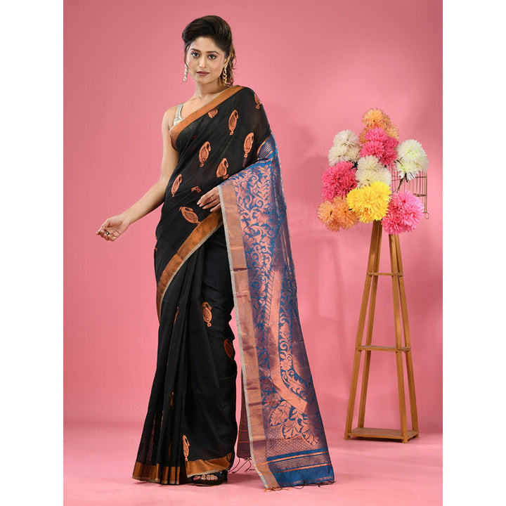 CHARUKRITI Black Cotton Blend Handwoven Paisley Motifs with Unstitched Blouse