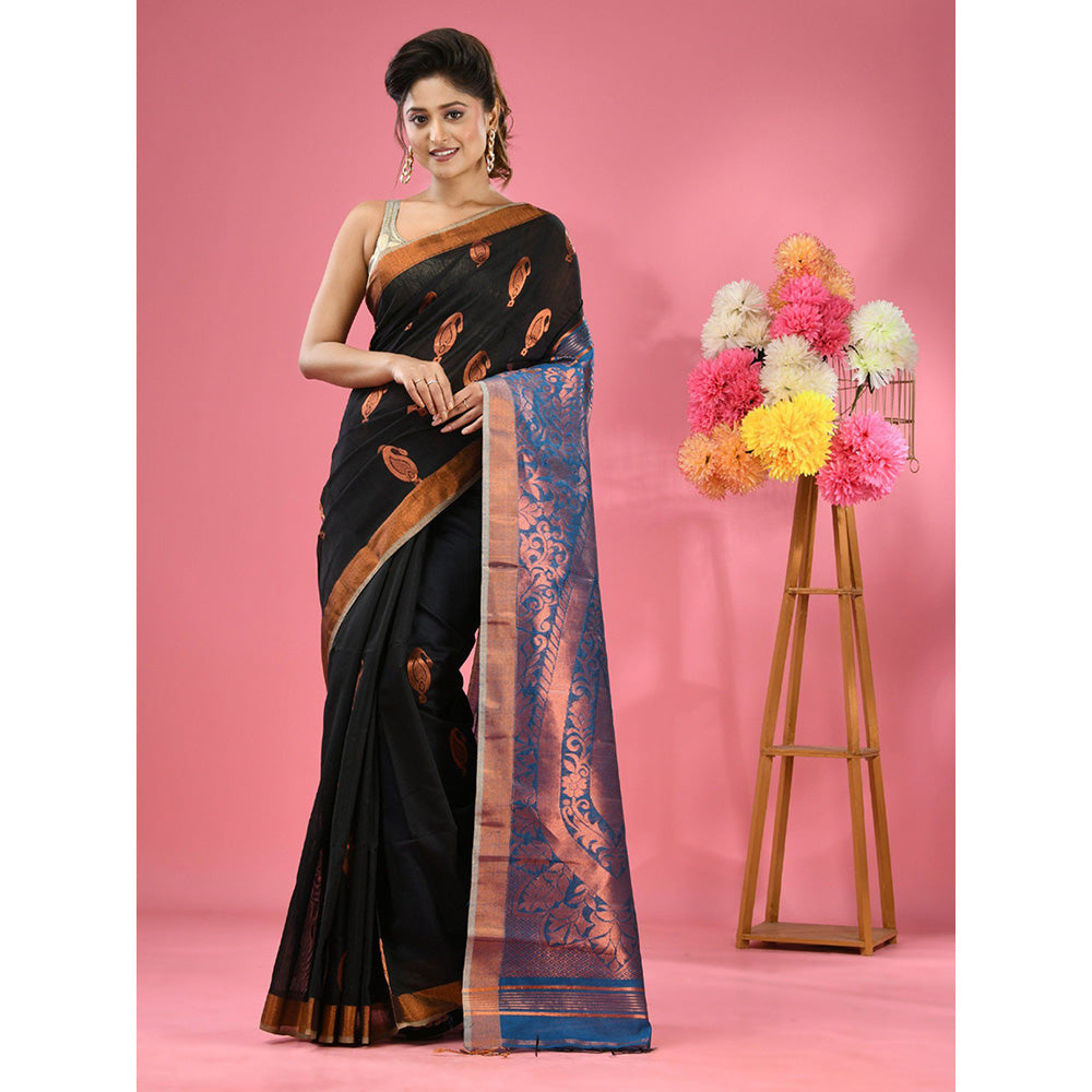 CHARUKRITI Black Cotton Blend Handwoven Paisley Motifs with Unstitched Blouse