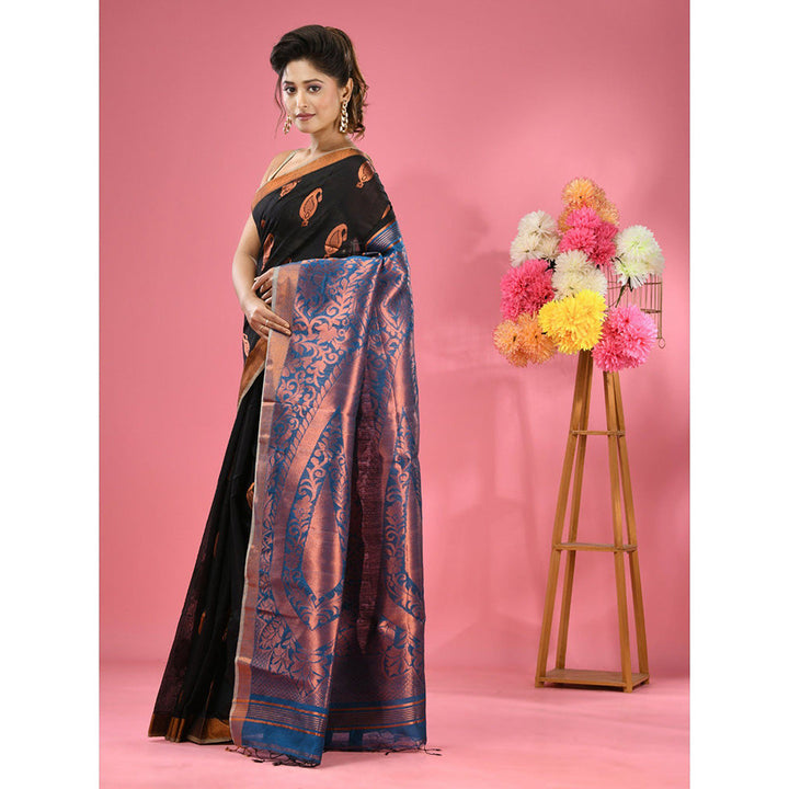 CHARUKRITI Black Cotton Blend Handwoven Paisley Motifs with Unstitched Blouse