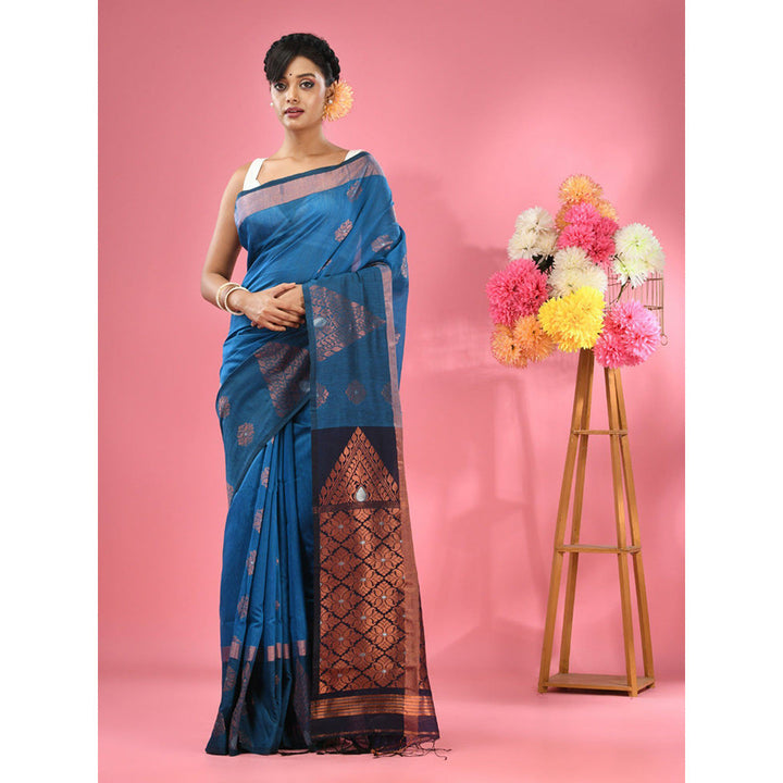 CHARUKRITI Sapphire Blue Cotton Blend Handwoven Nakshi Design Saree with Unstitched Blouse