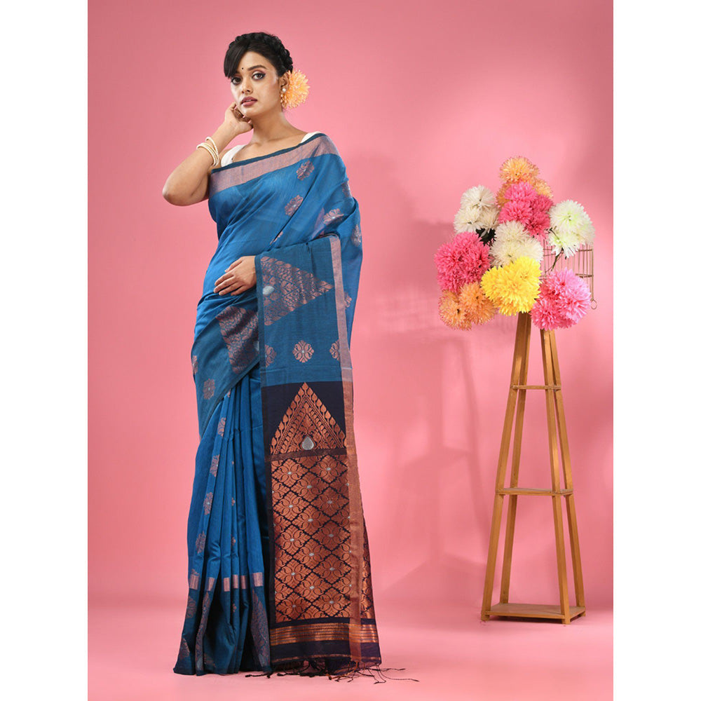 CHARUKRITI Sapphire Blue Cotton Blend Handwoven Nakshi Design Saree with Unstitched Blouse