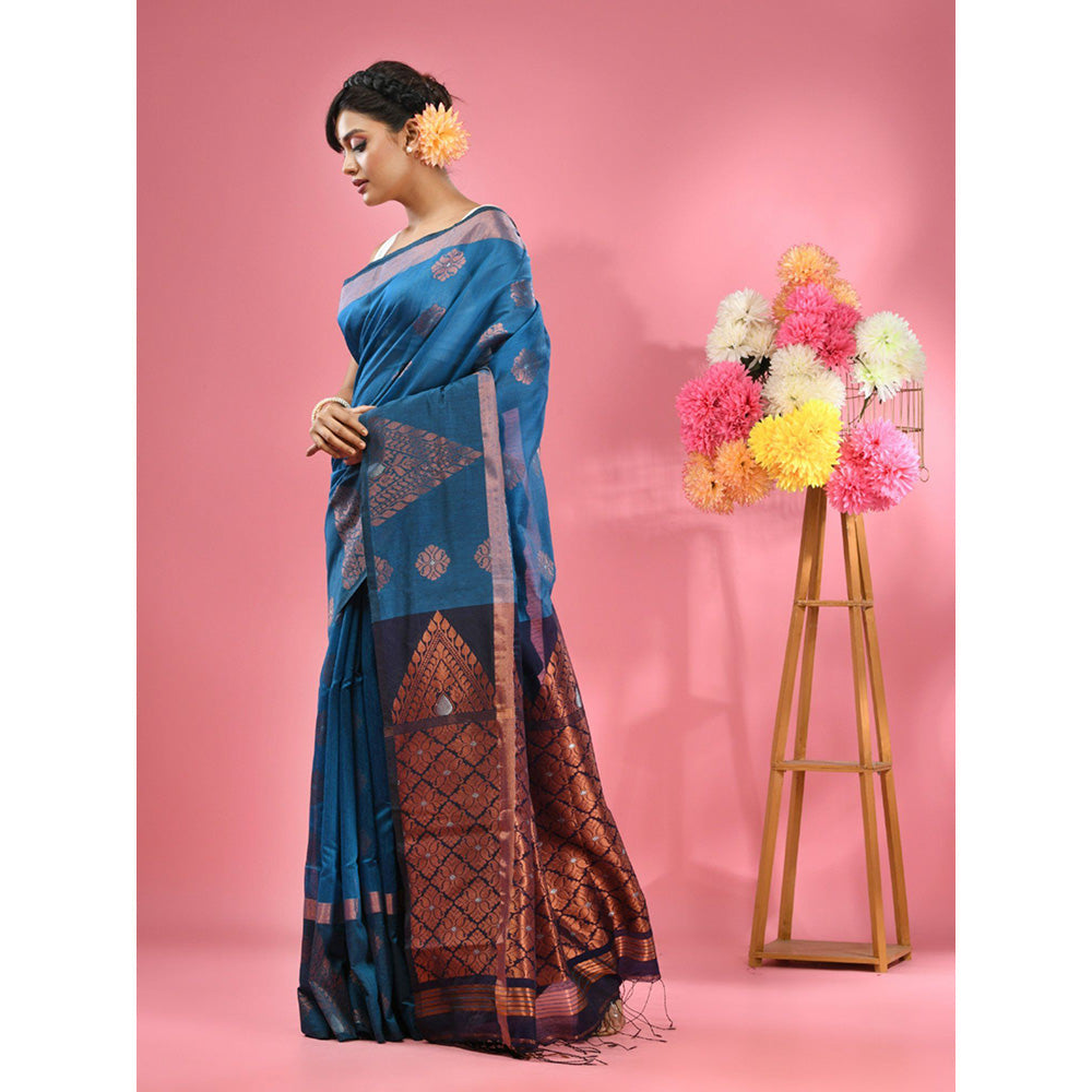 CHARUKRITI Sapphire Blue Cotton Blend Handwoven Nakshi Design Saree with Unstitched Blouse