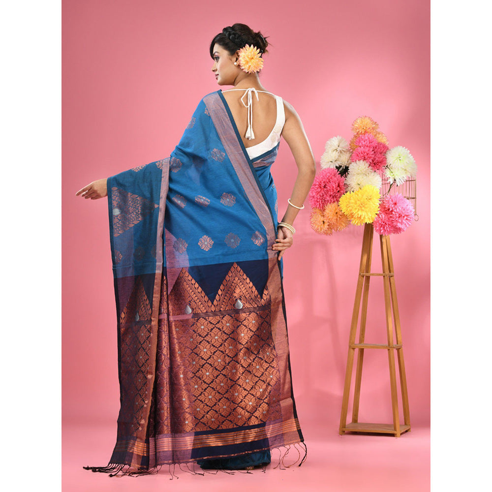 CHARUKRITI Sapphire Blue Cotton Blend Handwoven Nakshi Design Saree with Unstitched Blouse