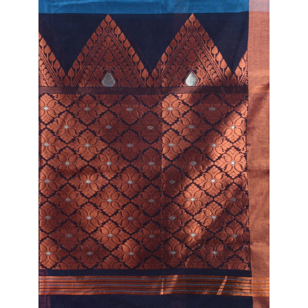 CHARUKRITI Sapphire Blue Cotton Blend Handwoven Nakshi Design Saree with Unstitched Blouse