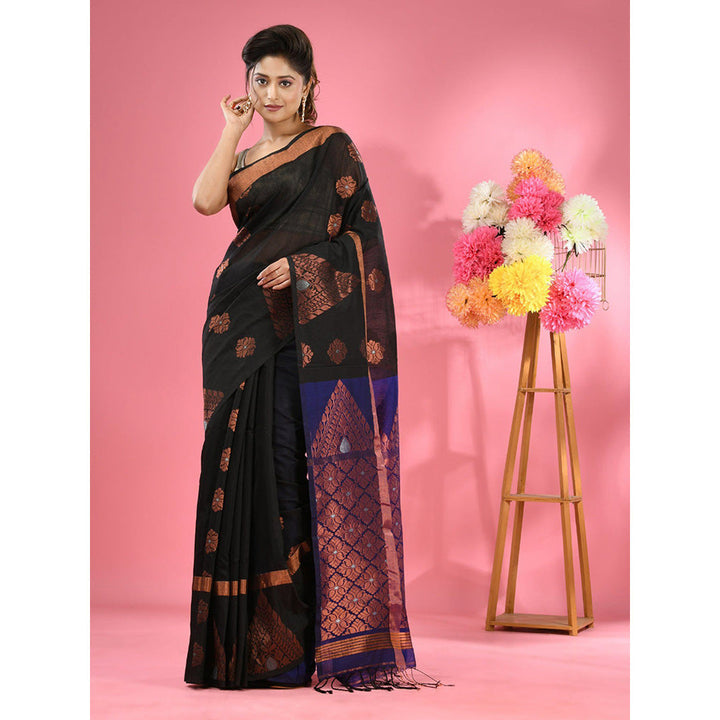 CHARUKRITI Black Cotton Blend Handwoven Nakshi Design Saree with Unstitched Blouse