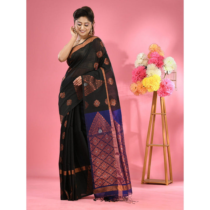 CHARUKRITI Black Cotton Blend Handwoven Nakshi Design Saree with Unstitched Blouse