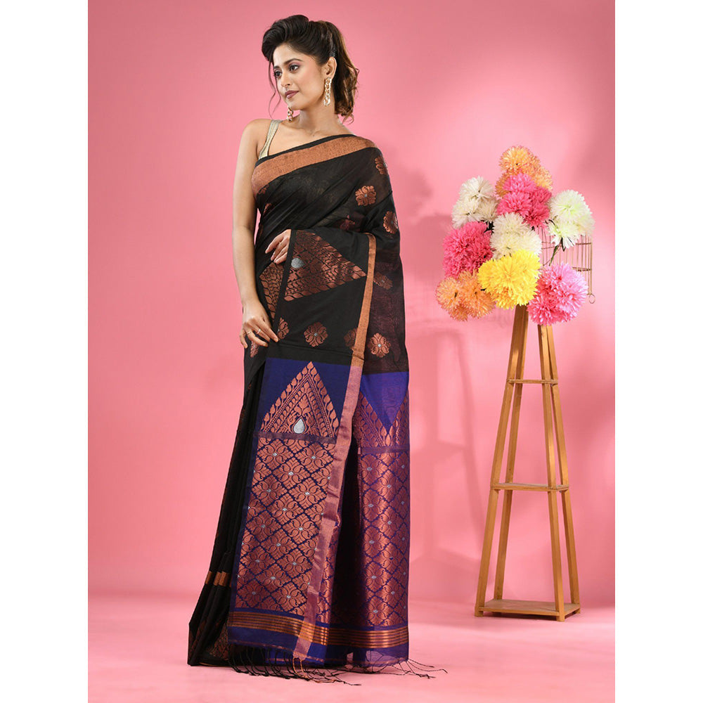 CHARUKRITI Black Cotton Blend Handwoven Nakshi Design Saree with Unstitched Blouse