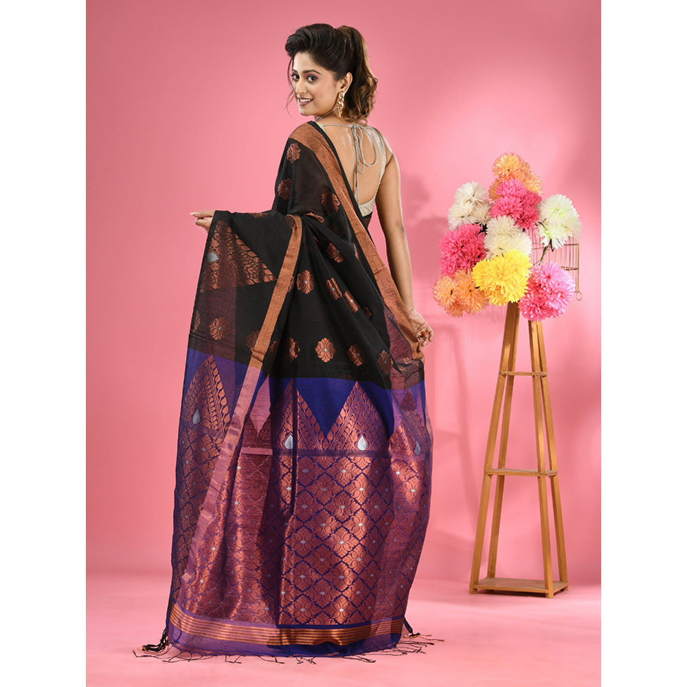 CHARUKRITI Black Cotton Blend Handwoven Nakshi Design Saree with Unstitched Blouse