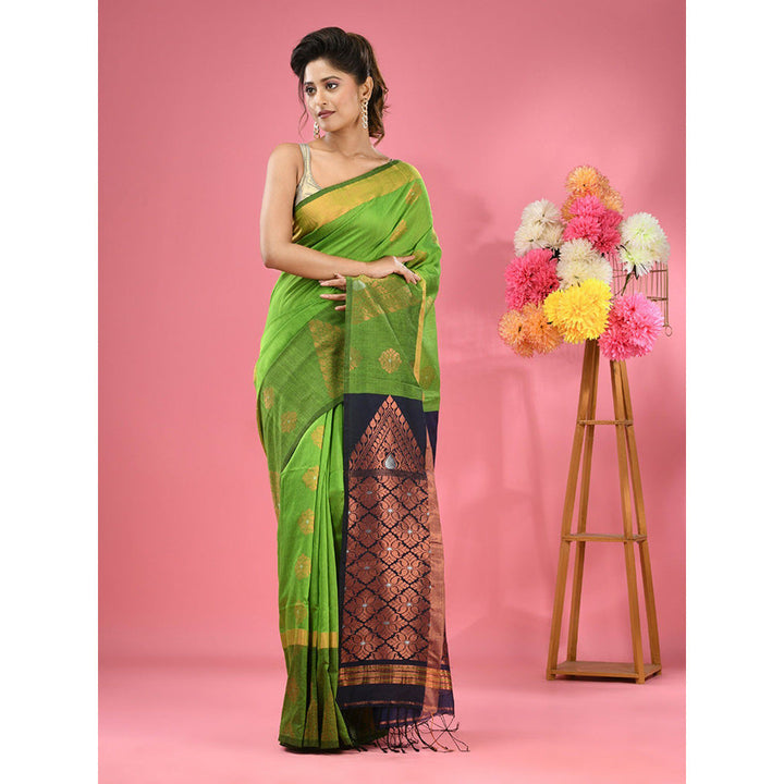 CHARUKRITI Parrot Green Cotton Blend Handwoven Nakshi Design Saree with Unstitched Blouse