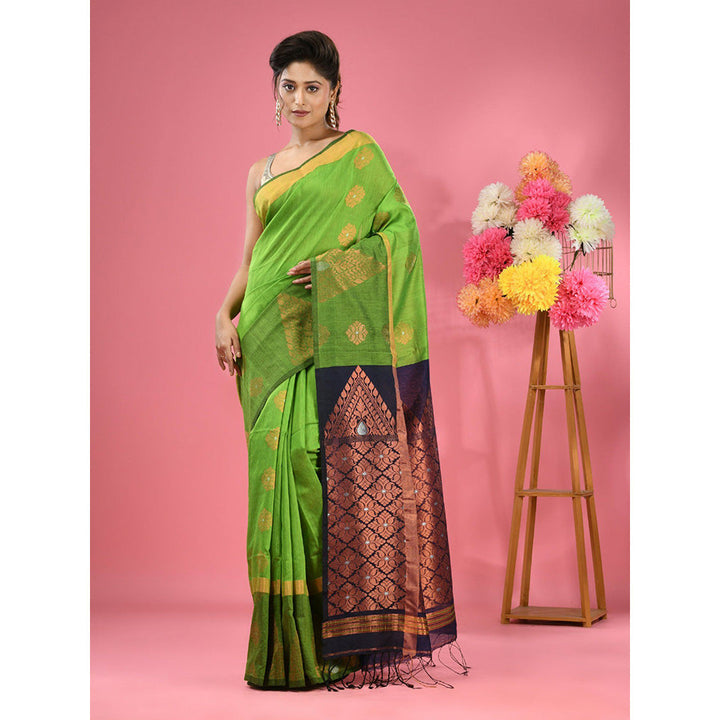 CHARUKRITI Parrot Green Cotton Blend Handwoven Nakshi Design Saree with Unstitched Blouse