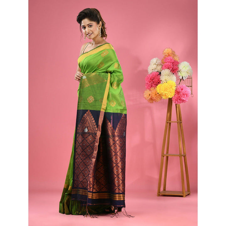 CHARUKRITI Parrot Green Cotton Blend Handwoven Nakshi Design Saree with Unstitched Blouse