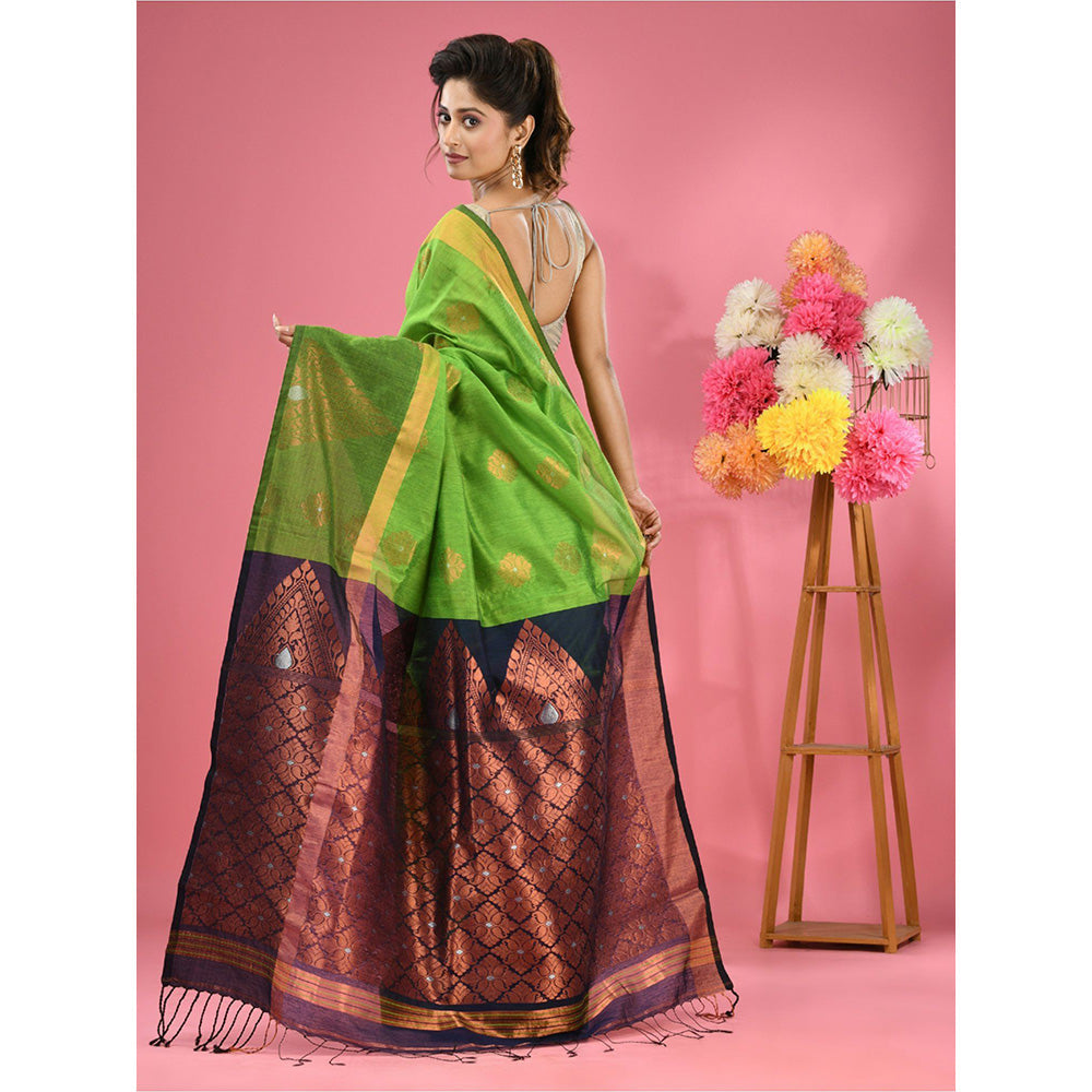 CHARUKRITI Parrot Green Cotton Blend Handwoven Nakshi Design Saree with Unstitched Blouse