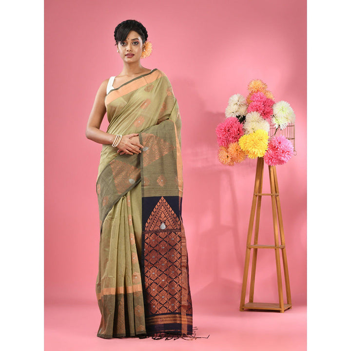 CHARUKRITI Ecru Cotton Blend Handwoven Nakshi Design Saree with Unstitched Blouse