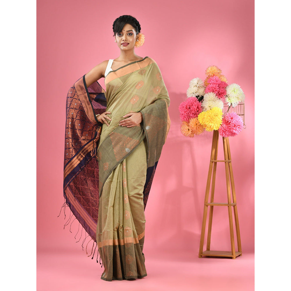 CHARUKRITI Ecru Cotton Blend Handwoven Nakshi Design Saree with Unstitched Blouse