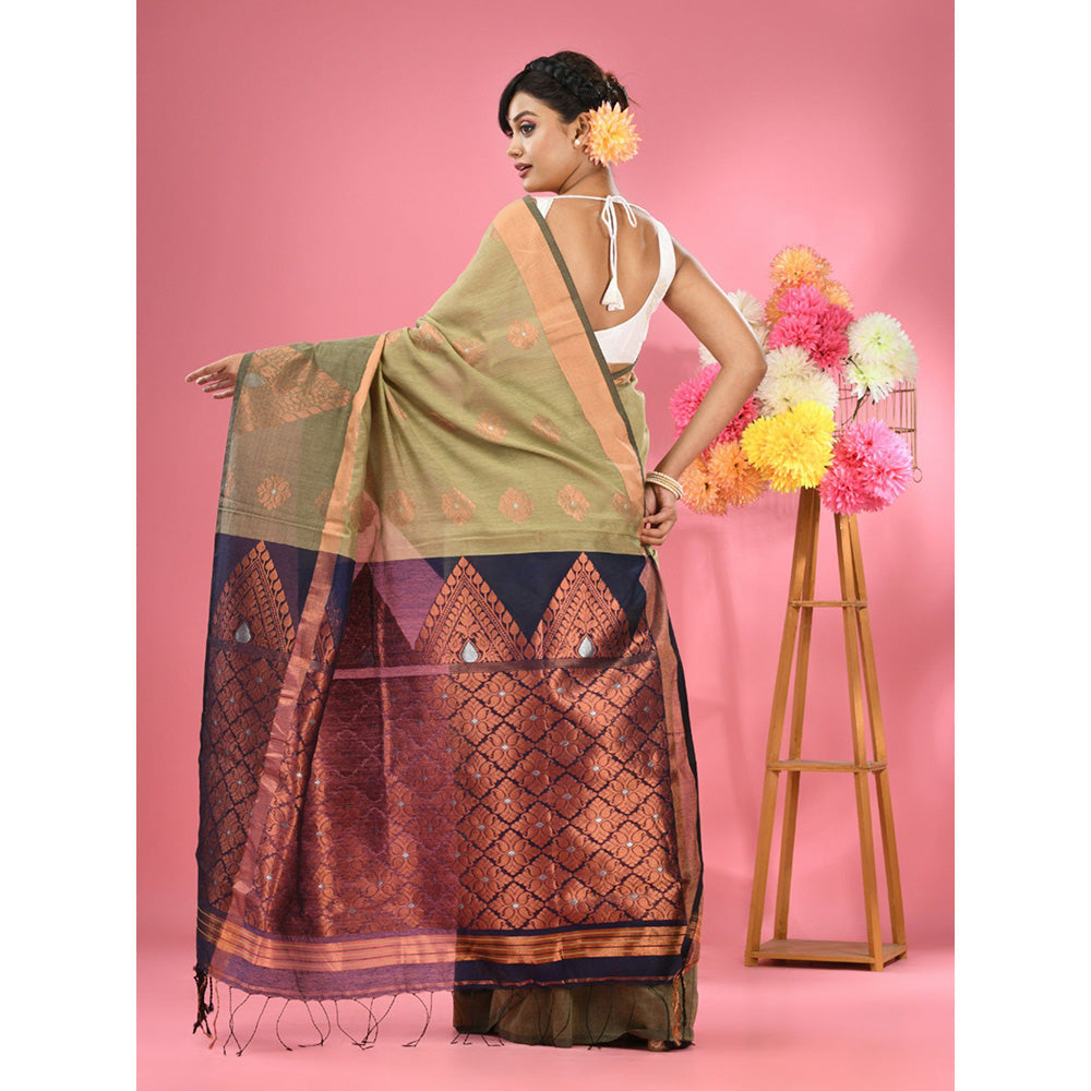 CHARUKRITI Ecru Cotton Blend Handwoven Nakshi Design Saree with Unstitched Blouse