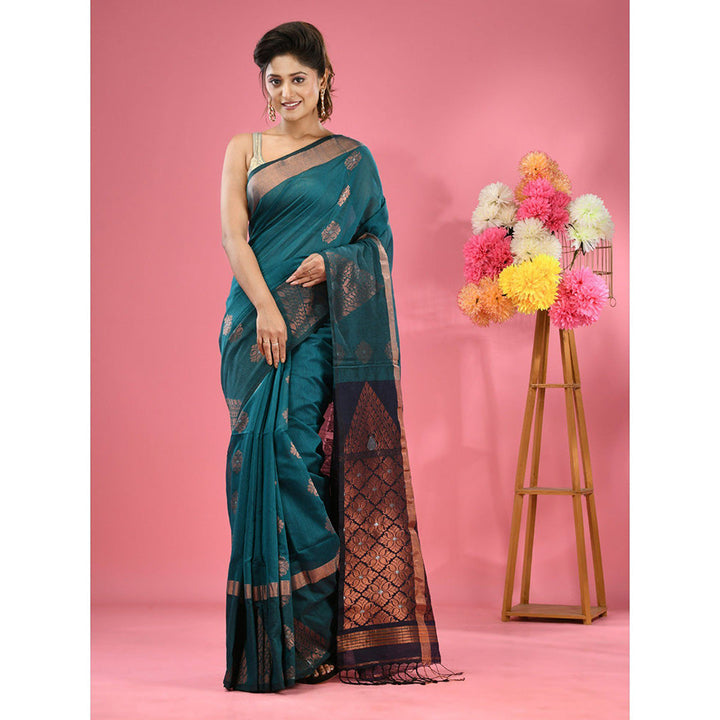 CHARUKRITI Teal Cotton Blend Handwoven Nakshi Design Saree with Unstitched Blouse