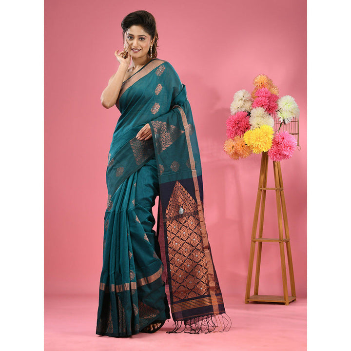 CHARUKRITI Teal Cotton Blend Handwoven Nakshi Design Saree with Unstitched Blouse