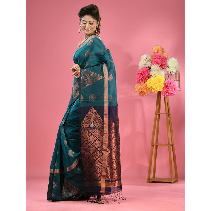 CHARUKRITI Teal Cotton Blend Handwoven Nakshi Design Saree with Unstitched Blouse