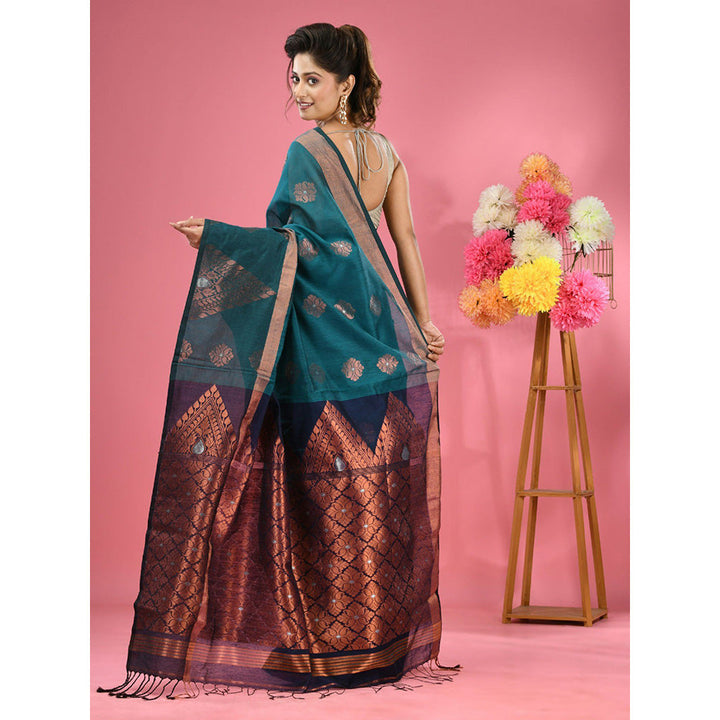 CHARUKRITI Teal Cotton Blend Handwoven Nakshi Design Saree with Unstitched Blouse