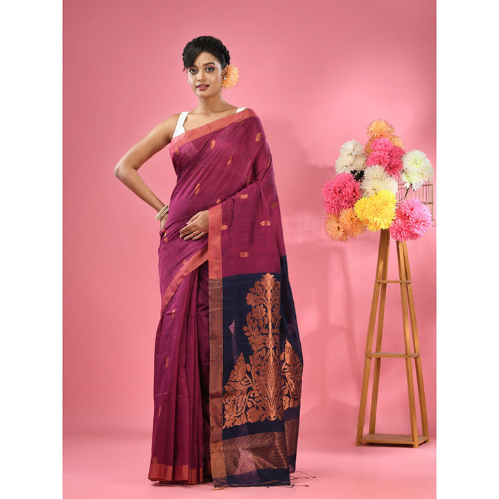 CHARUKRITI Magenta Cotton Blend Handwoven Texture Motifs Saree with Unstitched Blouse