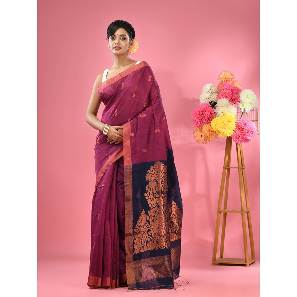 CHARUKRITI Magenta Cotton Blend Handwoven Texture Motifs Saree with Unstitched Blouse