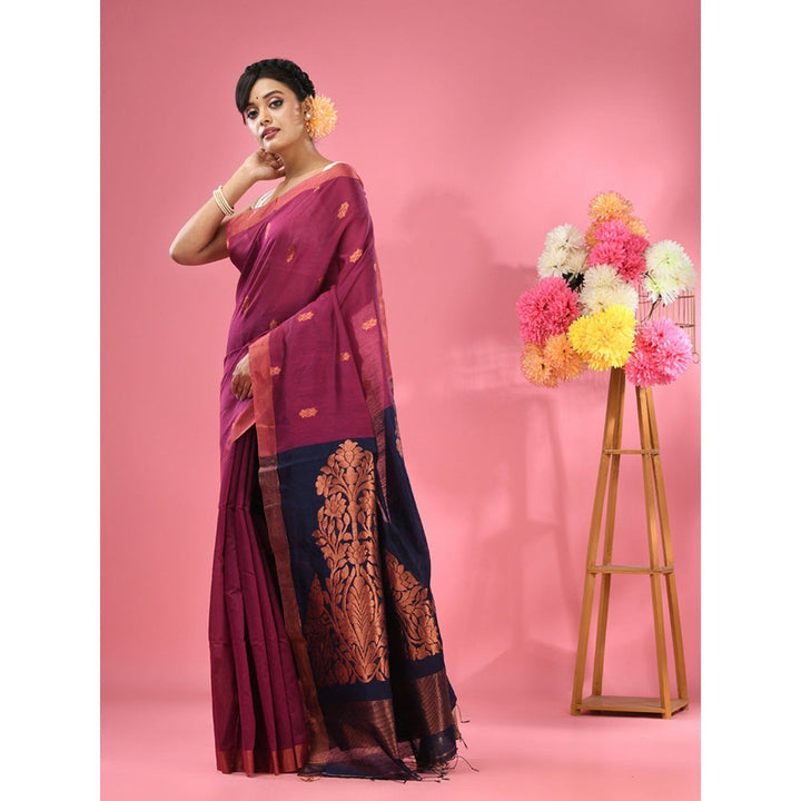 CHARUKRITI Magenta Cotton Blend Handwoven Texture Motifs Saree with Unstitched Blouse