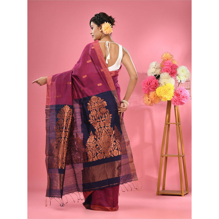 CHARUKRITI Magenta Cotton Blend Handwoven Texture Motifs Saree with Unstitched Blouse