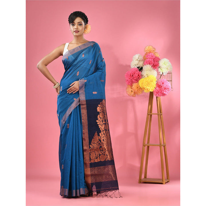 CHARUKRITI Sapphire Blue Cotton Blend Handwoven Texture Motifs Saree with Unstitched Blouse