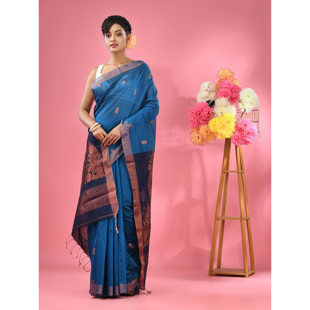 CHARUKRITI Sapphire Blue Cotton Blend Handwoven Texture Motifs Saree with Unstitched Blouse