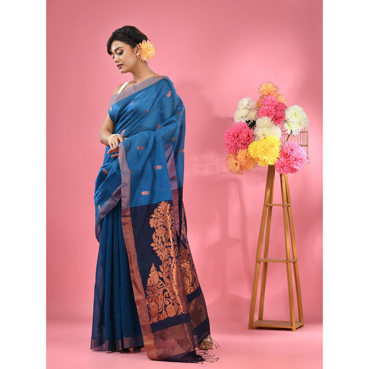 CHARUKRITI Sapphire Blue Cotton Blend Handwoven Texture Motifs Saree with Unstitched Blouse