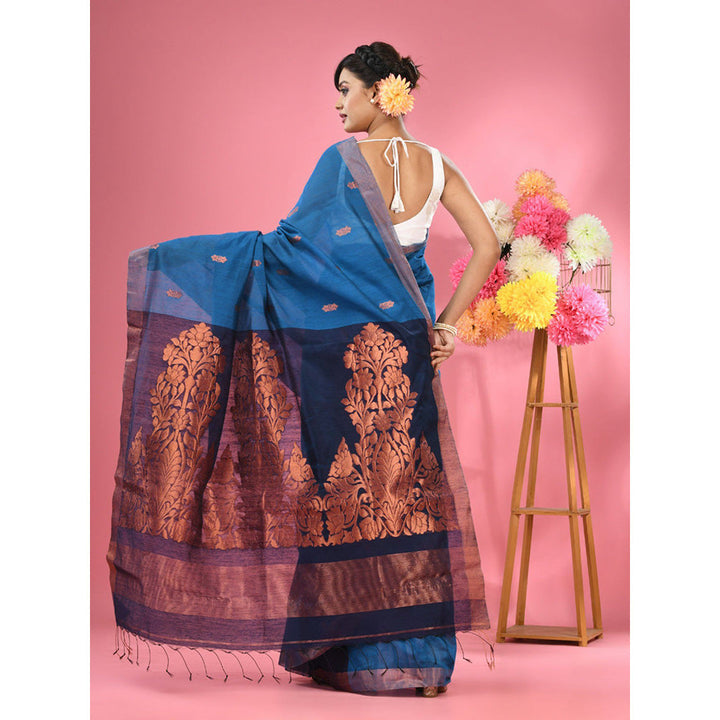 CHARUKRITI Sapphire Blue Cotton Blend Handwoven Texture Motifs Saree with Unstitched Blouse