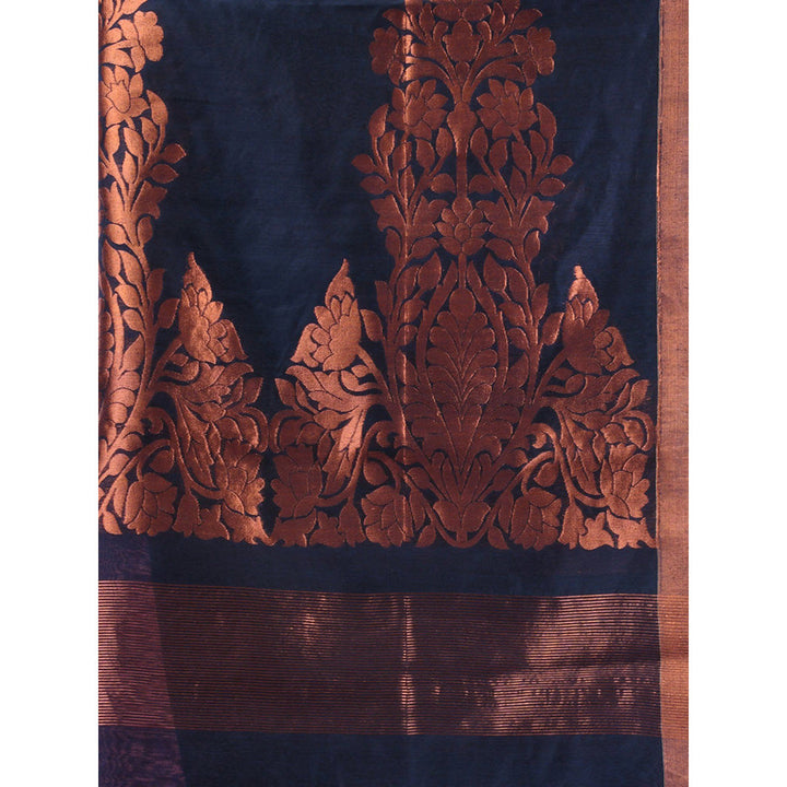 CHARUKRITI Sapphire Blue Cotton Blend Handwoven Texture Motifs Saree with Unstitched Blouse