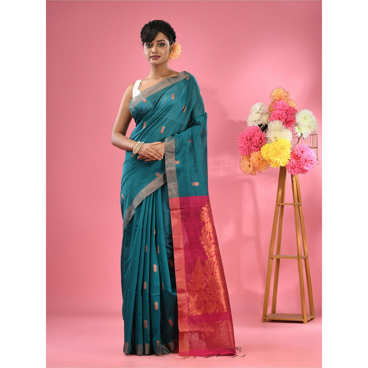 CHARUKRITI Teal Cotton Blend Handwoven Texture Motifs Saree with Unstitched Blouse