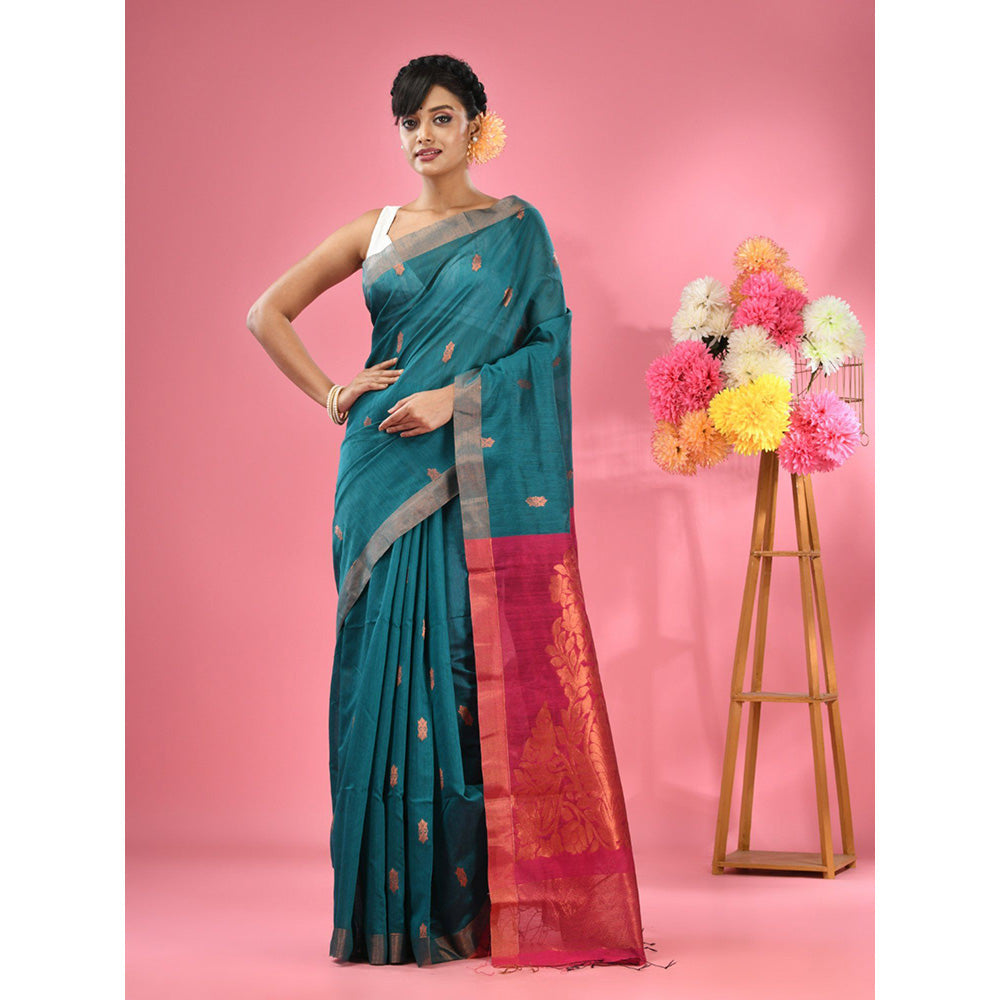 CHARUKRITI Teal Cotton Blend Handwoven Texture Motifs Saree with Unstitched Blouse