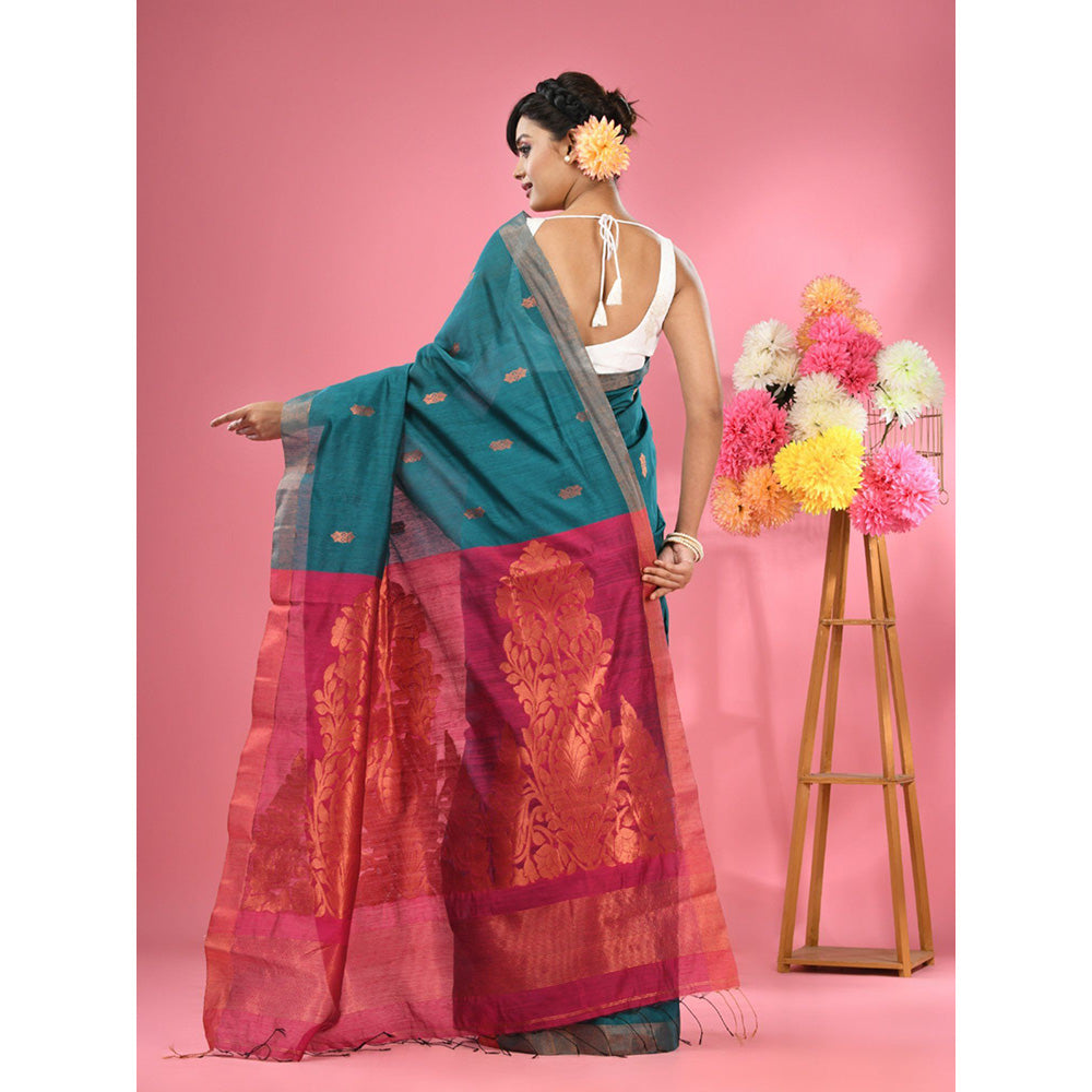 CHARUKRITI Teal Cotton Blend Handwoven Texture Motifs Saree with Unstitched Blouse