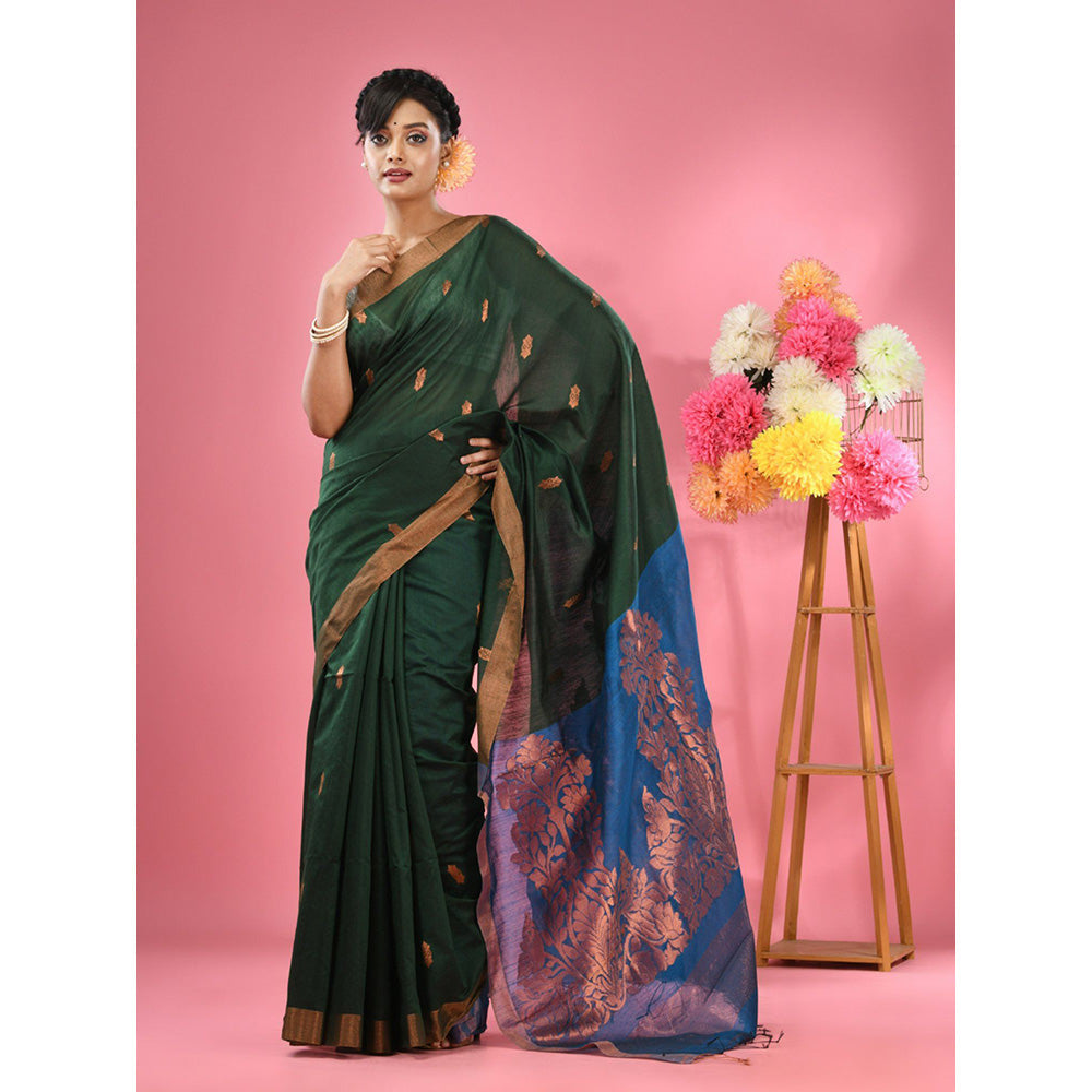 CHARUKRITI Green Cotton Blend Handwoven Texture Motifs Saree with Unstitched Blouse