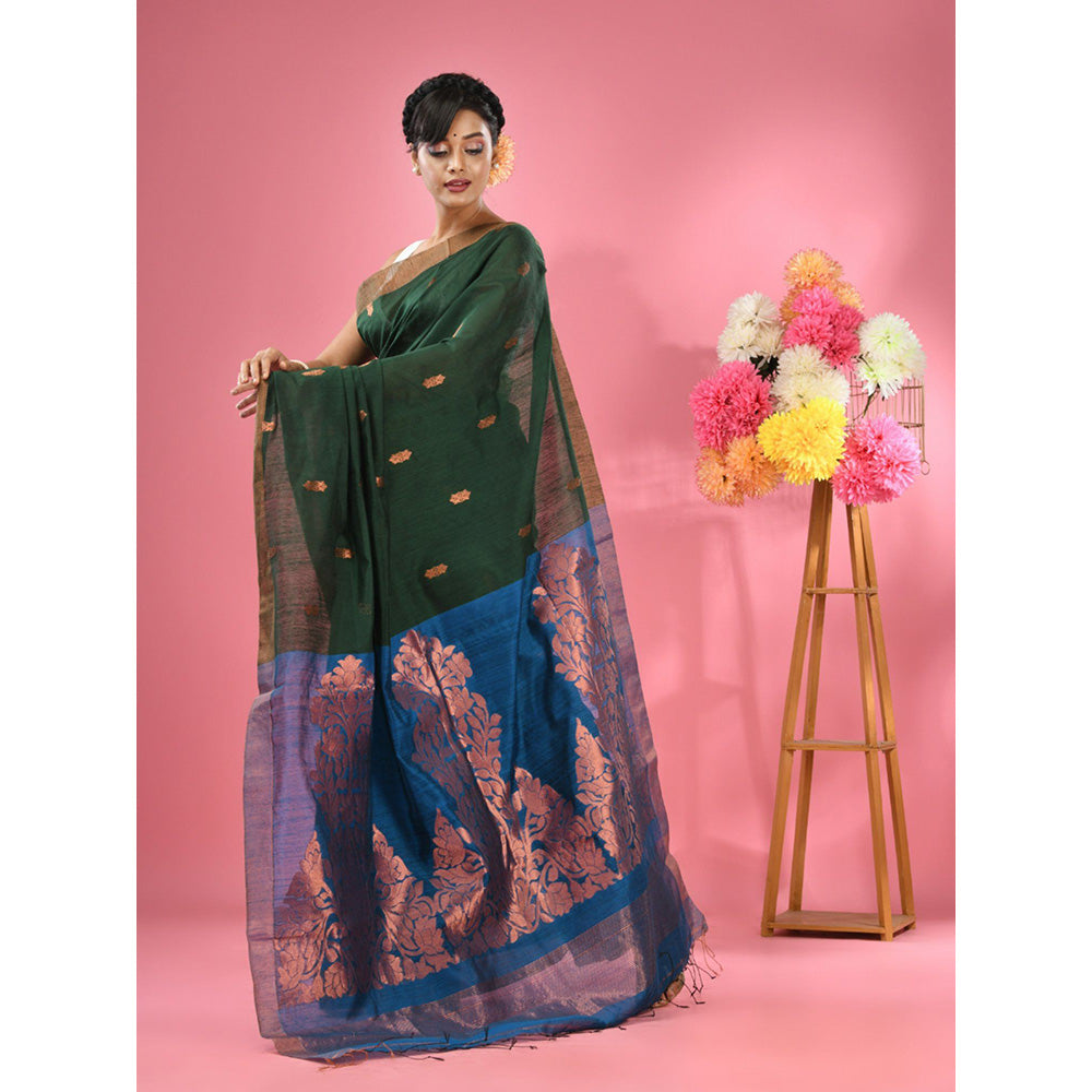 CHARUKRITI Green Cotton Blend Handwoven Texture Motifs Saree with Unstitched Blouse