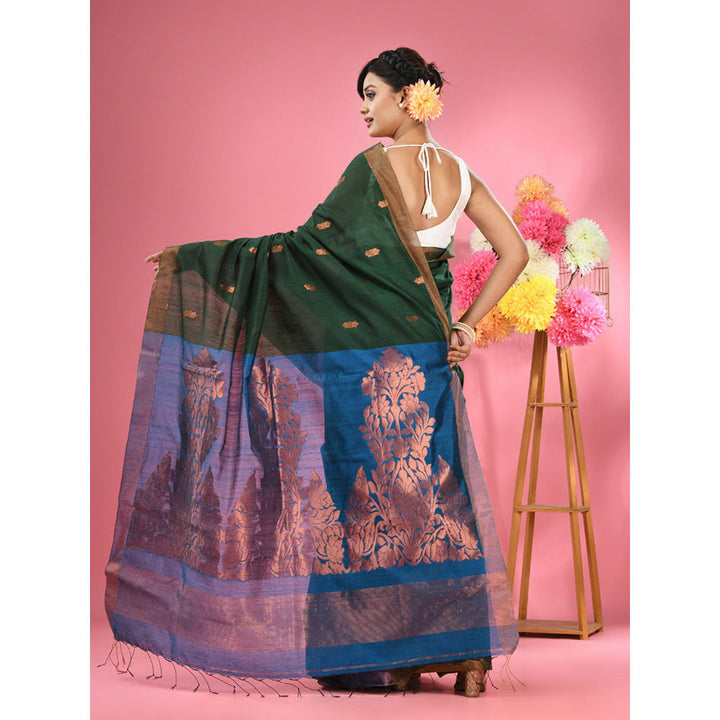 CHARUKRITI Green Cotton Blend Handwoven Texture Motifs Saree with Unstitched Blouse