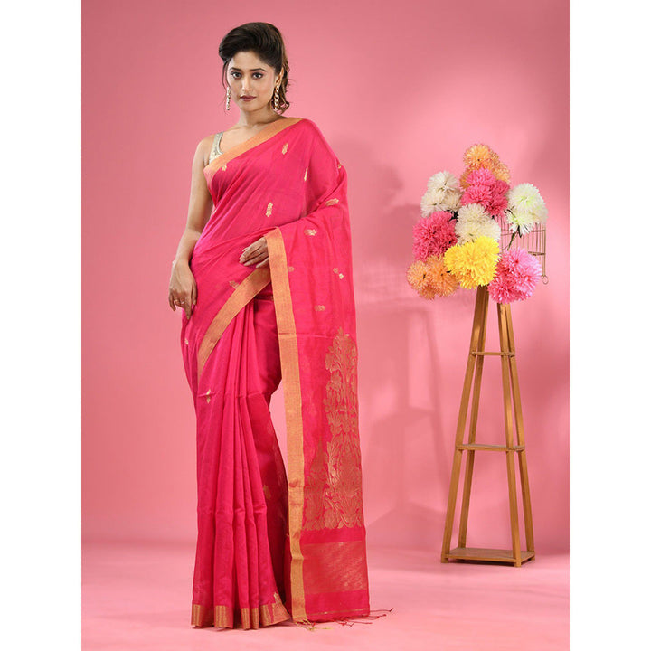 CHARUKRITI Fuchsia Pink Cotton Blend Handwoven Texture Motifs Saree with Unstitched Blouse