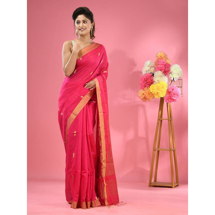 CHARUKRITI Fuchsia Pink Cotton Blend Handwoven Texture Motifs Saree with Unstitched Blouse