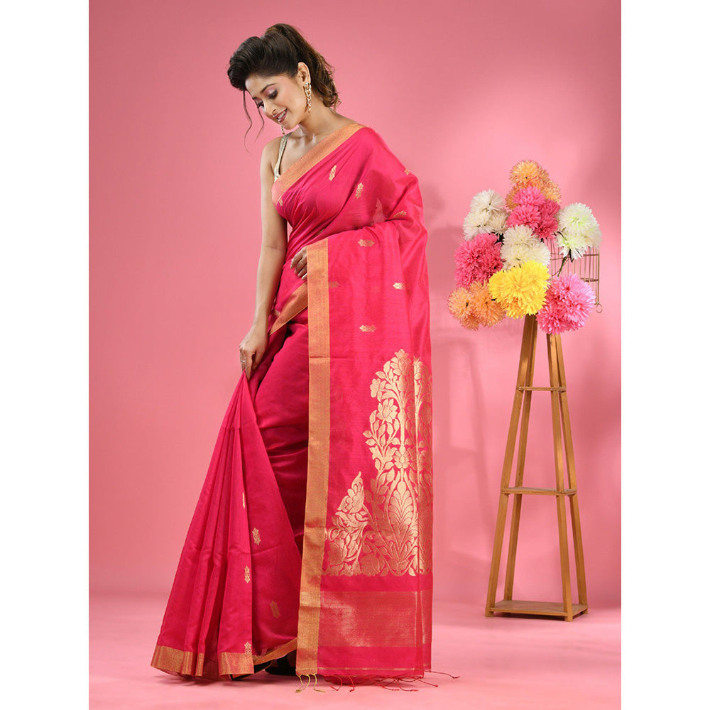 CHARUKRITI Fuchsia Pink Cotton Blend Handwoven Texture Motifs Saree with Unstitched Blouse