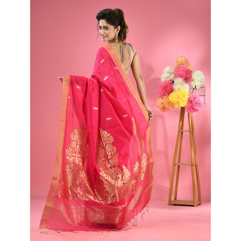 CHARUKRITI Fuchsia Pink Cotton Blend Handwoven Texture Motifs Saree with Unstitched Blouse