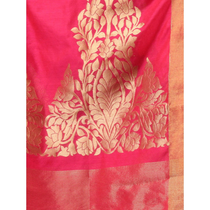 CHARUKRITI Fuchsia Pink Cotton Blend Handwoven Texture Motifs Saree with Unstitched Blouse